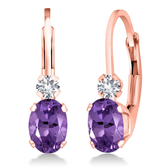 Gem Stone King 18K Rose Gold Plated Silver Purple Amethyst and White Created Sapphire Leverback Earrings for Women (0.98 Cttw, Gemstone February Birthstone, Oval 6X4MM, Round 2MM, 3/4 inch)