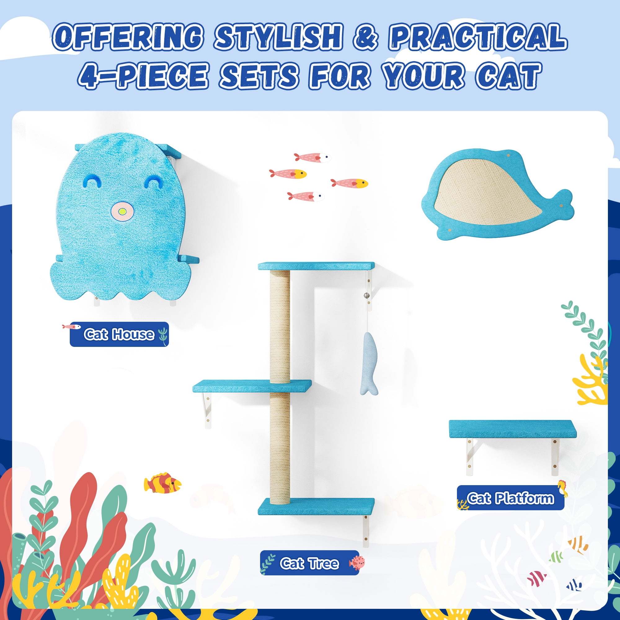 Cat Wall Furniture，Sturdy&Safe 4 in 1 Cat Wall Shelves,Fashion Unique Wooden Cat Climber with Cat House，Scratching Board & Cat Tree（Ocean Blue）
