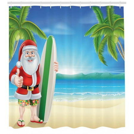 Christmas Shower Curtain Santa Claus With Trunks On The Beach And