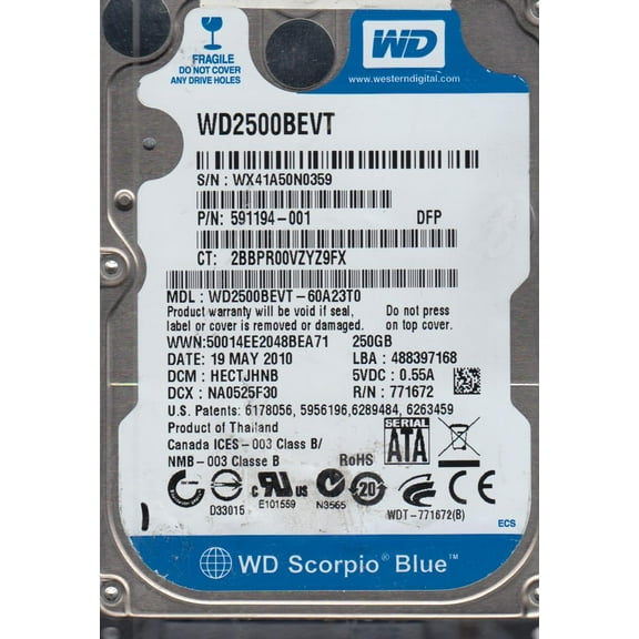 WD2500BEVT-60A23T0, DCM HECTJHNB, Western Digital 250GB SATA 2.5 Hard Drive