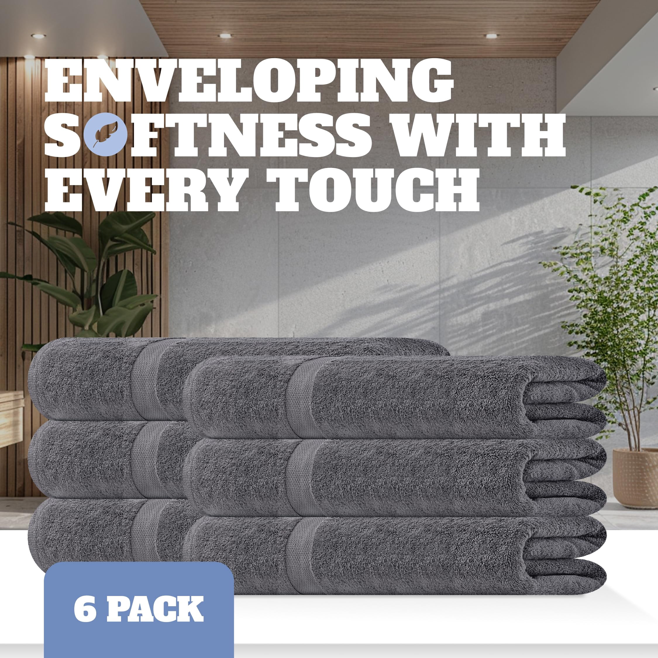 (2 pack) White Classic Wealuxe Collection Lightweight Cotton Small Bath Towels, Gray, 22 x 44, 6 Pack