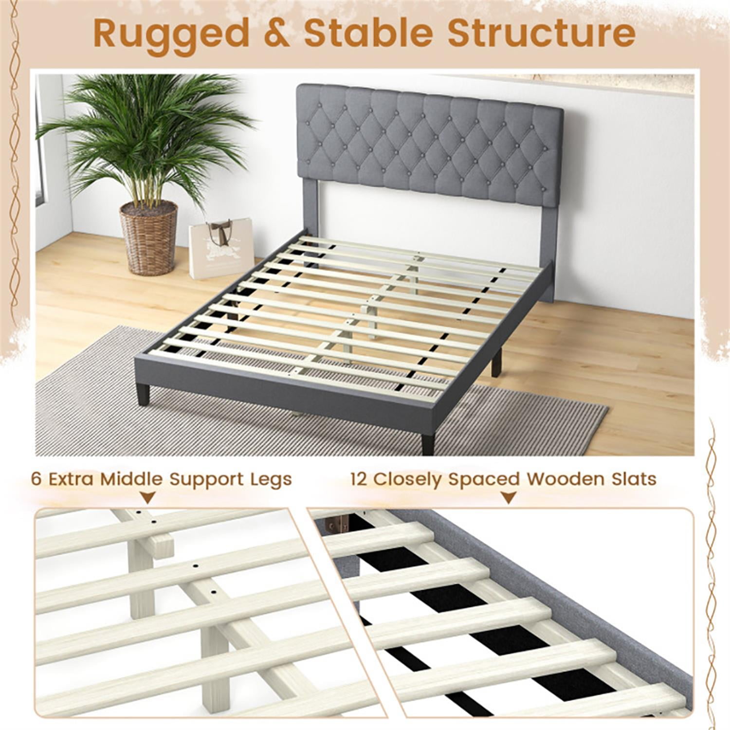 Demi Bonn Queen Size Upholstered Platform Bed Frame with Button Tufted Headboard and Wooden Slats Support, Fully Upholstered Mattress Foundation, Gray