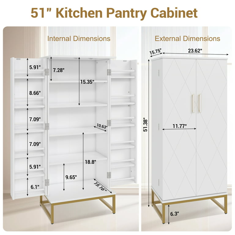 kepptory 51” Pantry Cabinets, White Freestanding Kitchen Pantry Storage  Cabinet with Adjustable Shelves, Buffet Cupboards Storage Cabinet for Home