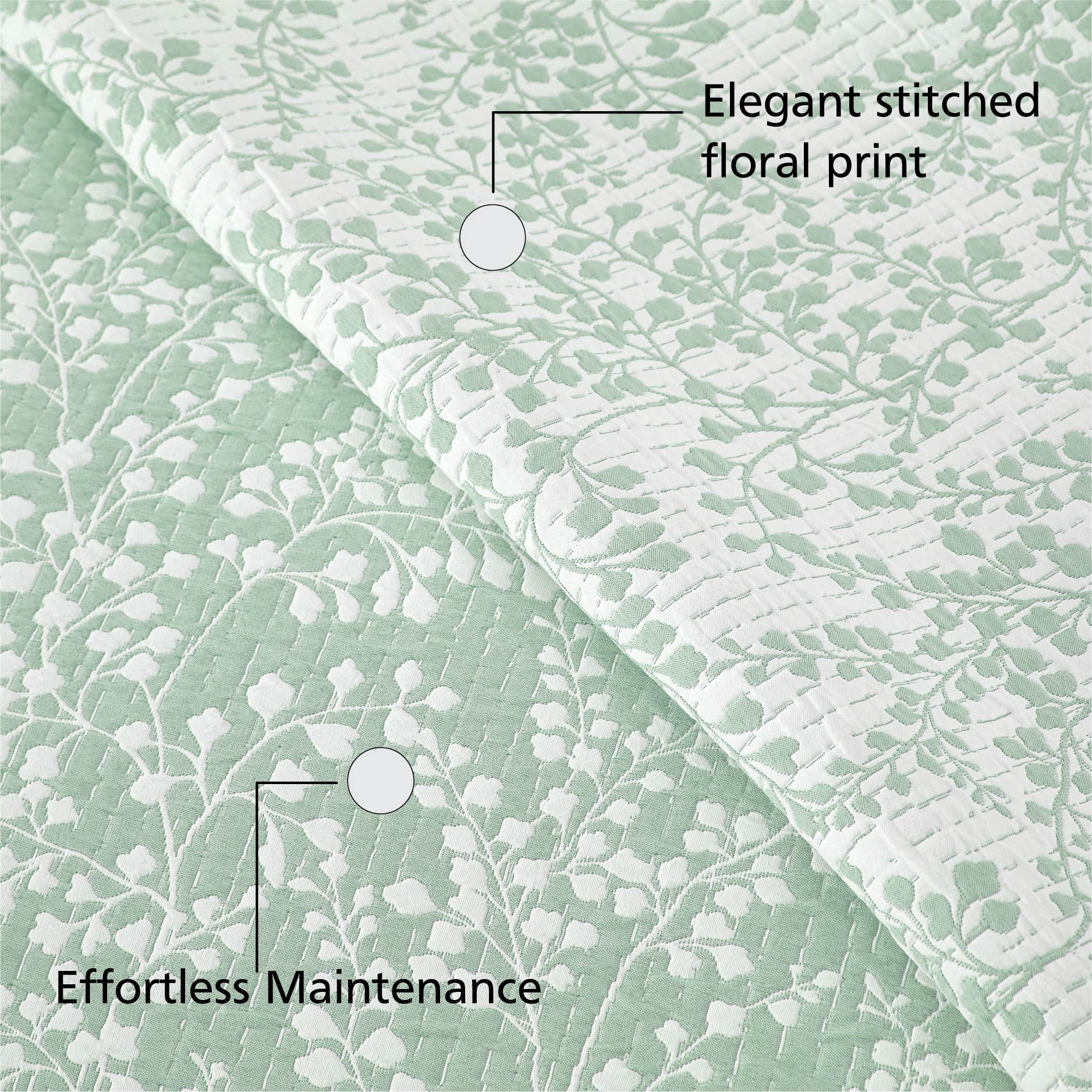 Mainstays Botanical Floral Stitched Quilt, King, Light Green, Reversible Lightweight Bedding