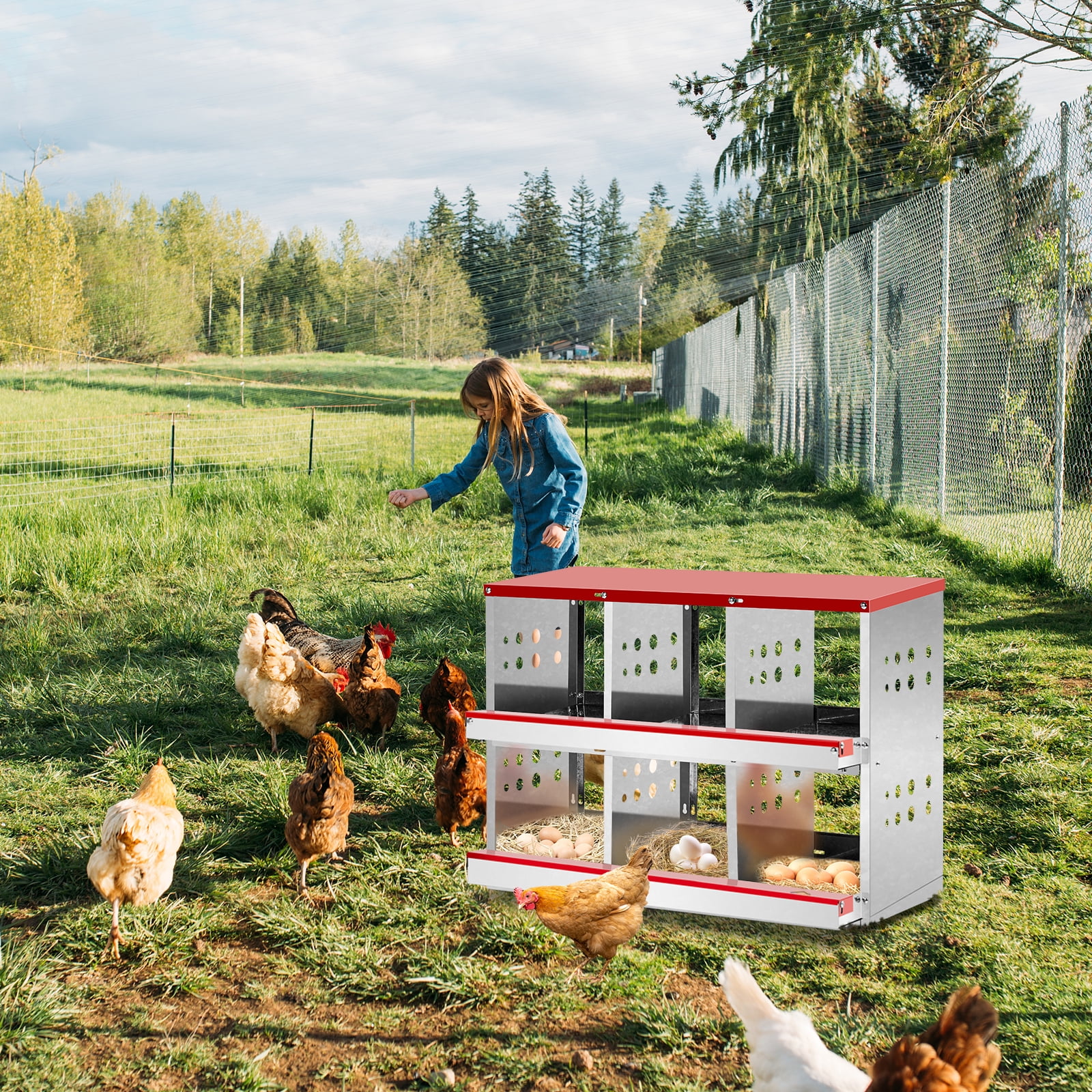 Chicken Nesting Box with Basket, 6 Compartment Roll Out Egg Nest Box Chicken Laying Box Hens Chicken Coop Box