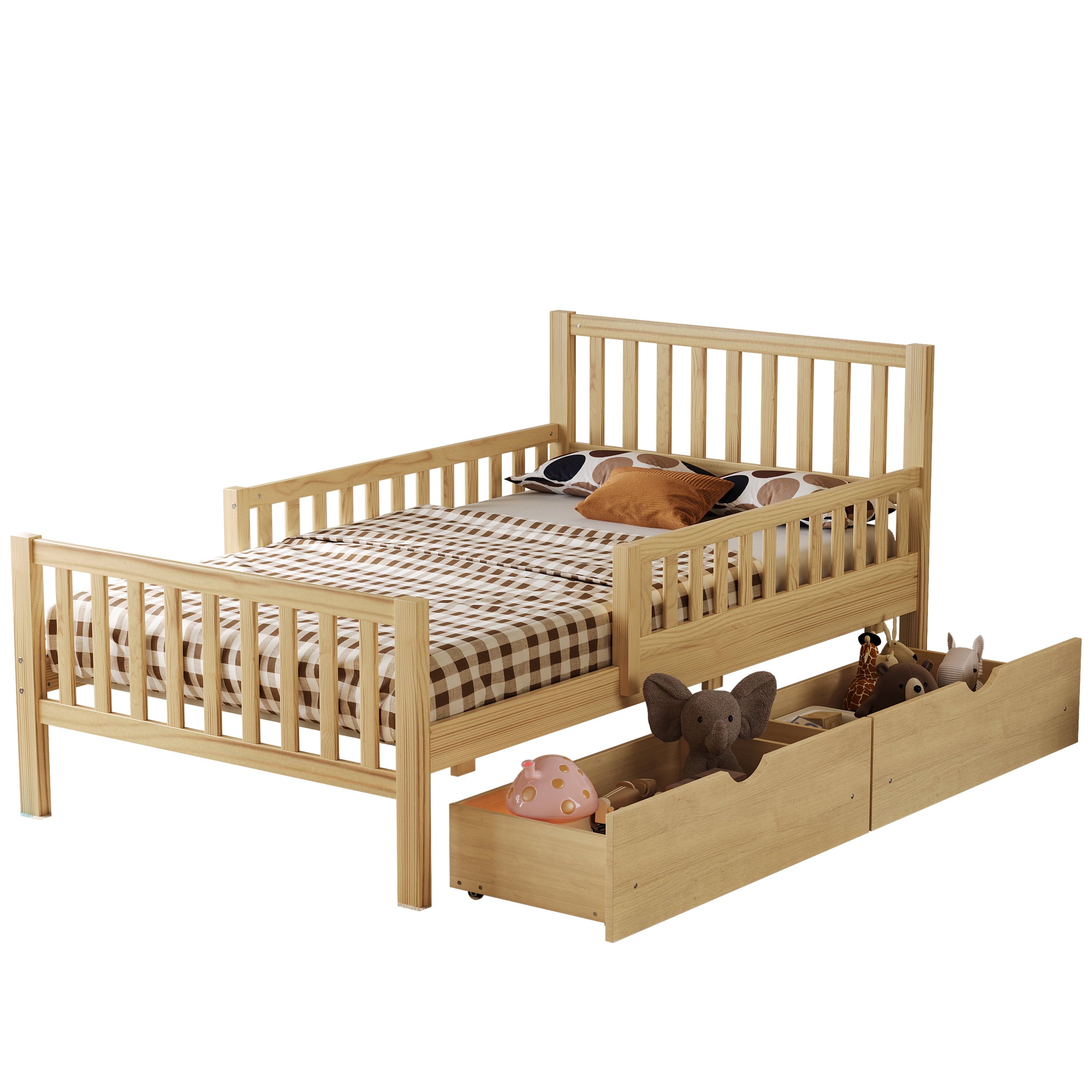 Euroco Wood Twin Size Platform Bed with Guardrails and Drawers for Kids Teens Toddlers, Natural