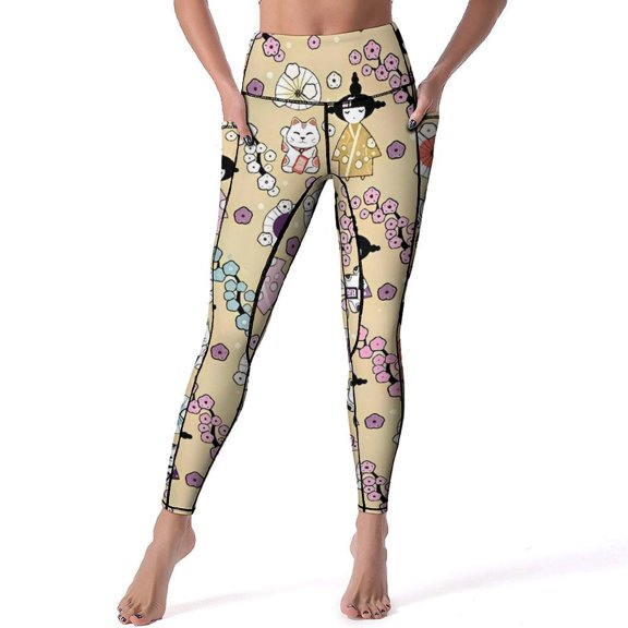 Japanese Dolls Leggings Red Kokeshi Fitness Yoga Pants Push Up Elastic Sport Legging Pockets Elegant Pattern Leggins