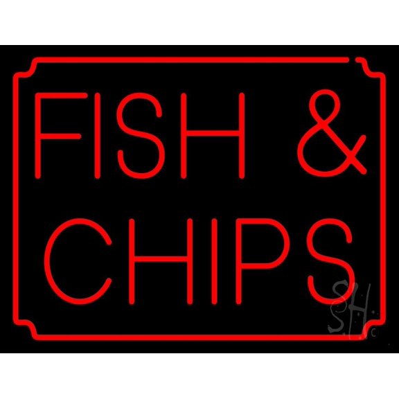 Red Fish and Chips LED Neon Sign 24 x 31 - inches, Black Square Cut Acrylic Backing, with Dimmer - Bright and Premium built indoor LED Neon Sign for restaurant window and interior decor.