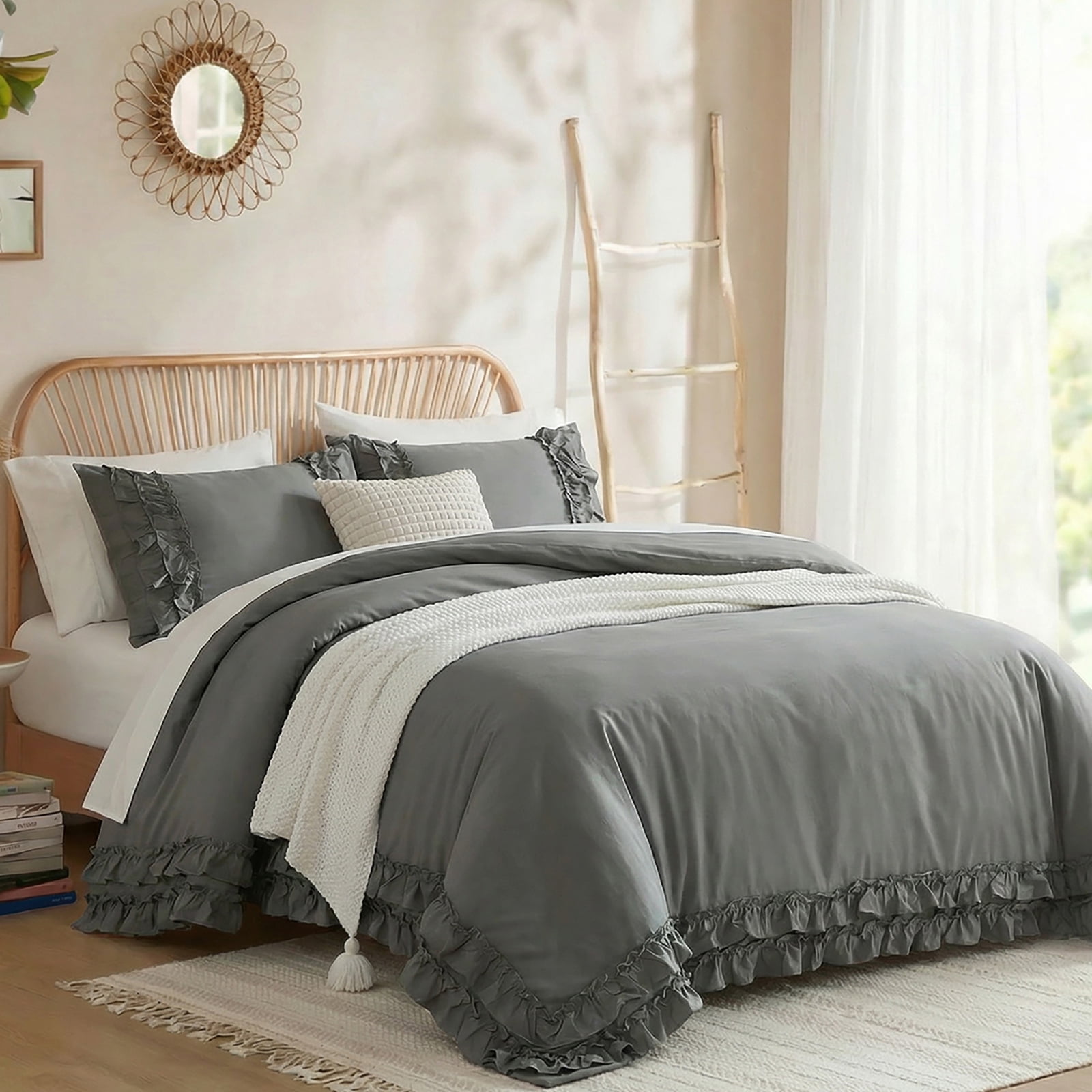 100% Cotton Ruffled Comforter Set Queen, White Shabby Chic Farmhouse Bedding Set French Country Cute Comforter Set