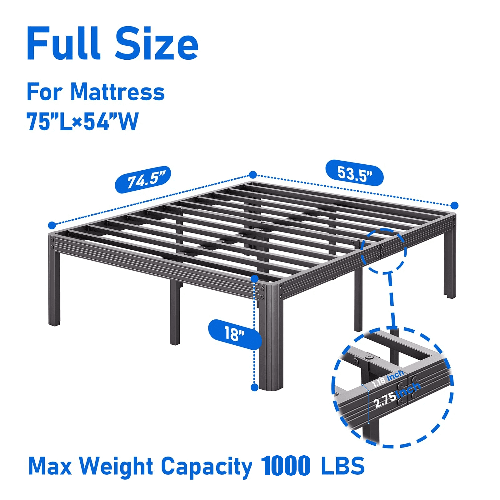 Woozuro 18" Heavy Duty Standard Bed Frame, Full