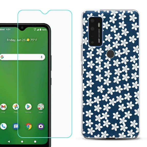 Shockproof Bumper Phone Case for AT&T Radiant Max 5G / Fusion 5G, with Tempered Glass Screen Protector, by OneToughShield ® - Flower/Blue