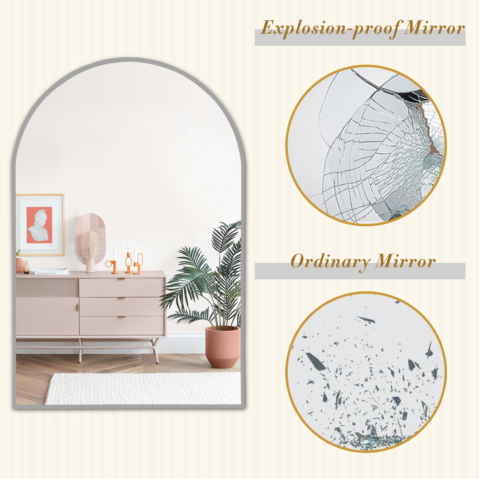MAYEERTY 36"×24" Silver Aluminum Slim-Frame Arched Wall Mirror Modern for Contemporary Homes