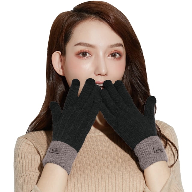 WZXFASHION Ladies' Alpaca Like Knitted Gloves With Fleece Lined Interior Double Layer Wrist Opening And Sensitive Screen Function For Warmth Clothing Shoes & Accessories Black One Size