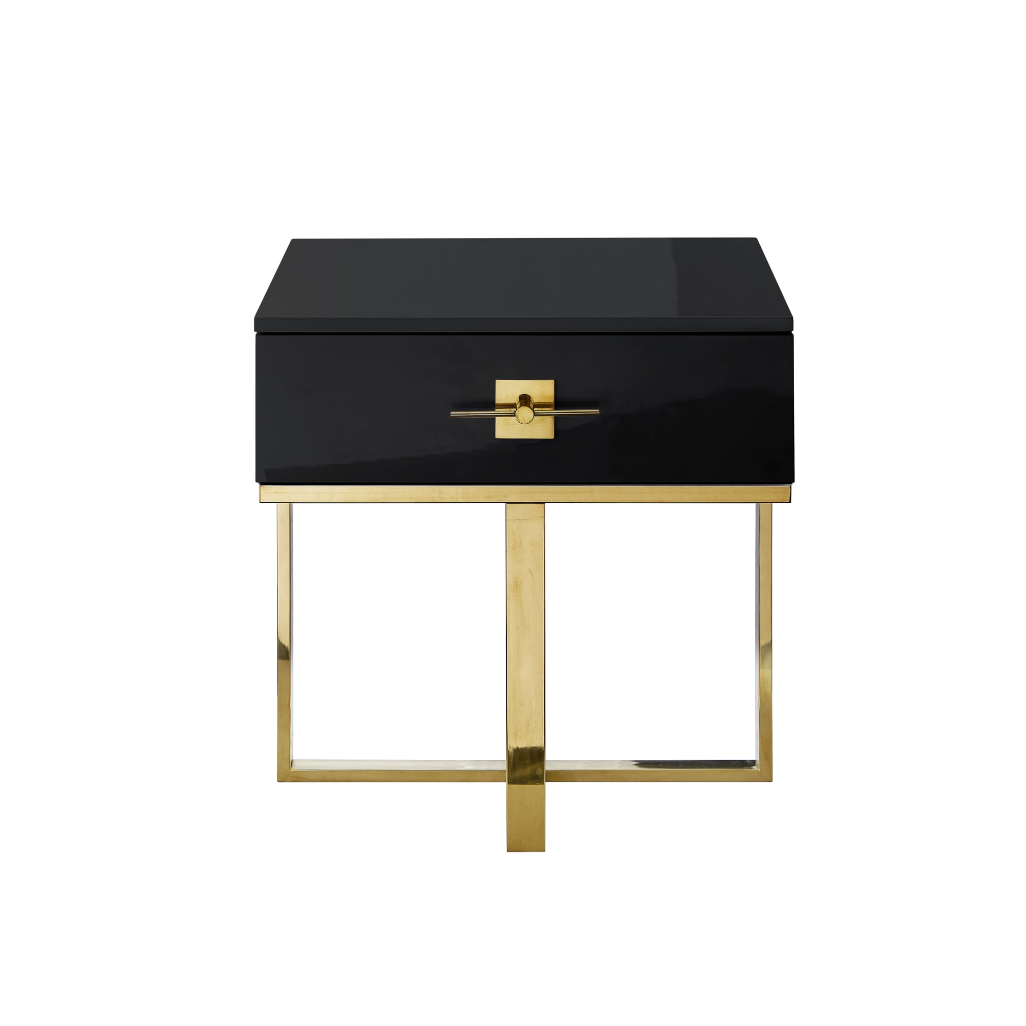 Hilo Black Gold Side Table - 1 Drawer, Hight Gloss Lacquer Finish, Polished Stainless Steel Base