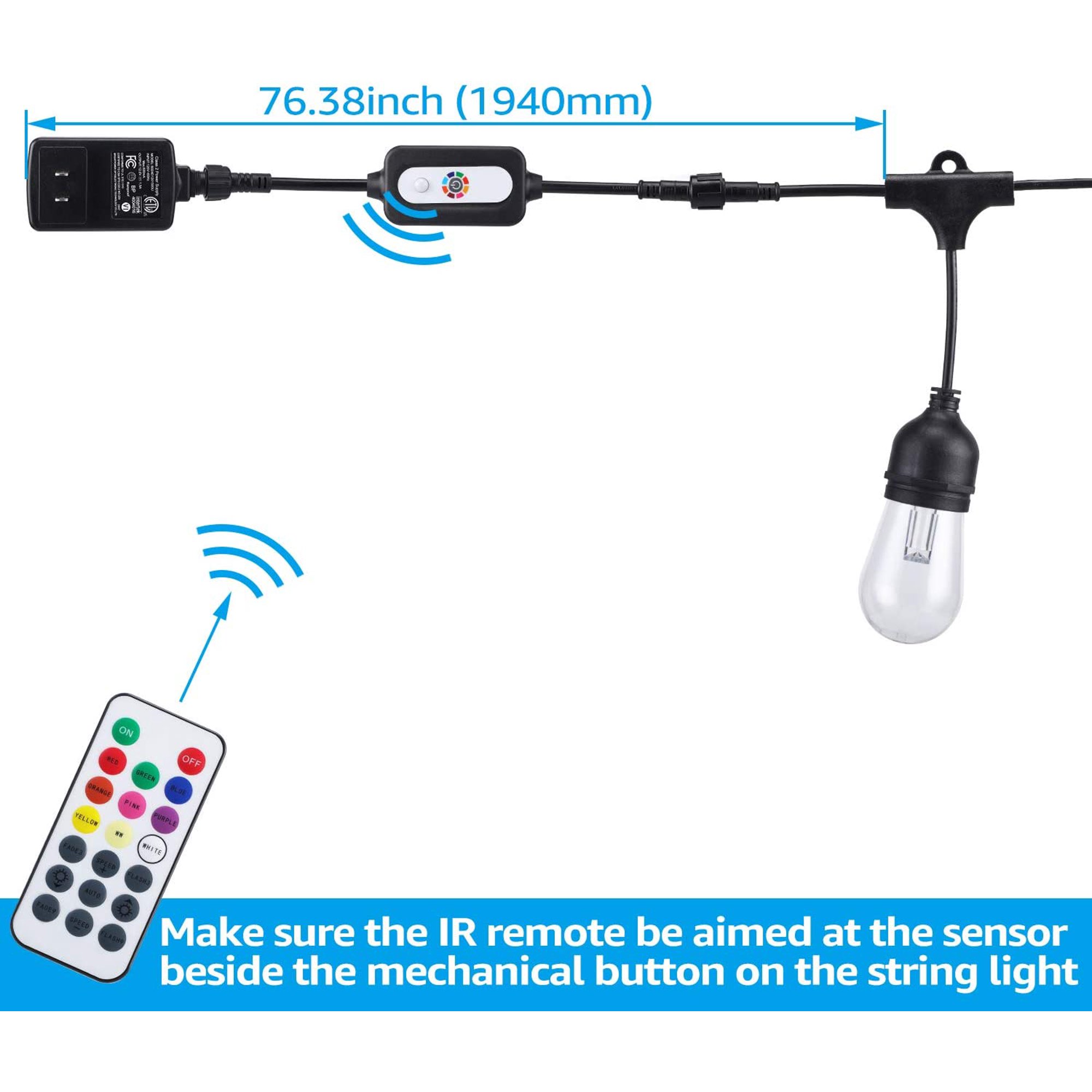 TorchStar 50ft RGB LED Outdoor String Lights, Weatherproof Patio String Light for Party, Restaurant, Garden, Patio Lights, 15 Sockets, 17 Bulbs Included