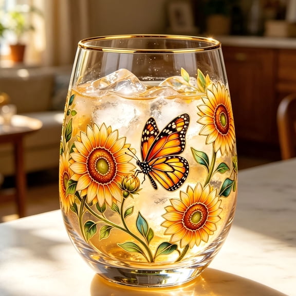 Homellea 2026 Garden Morning Bliss Sunflower Butterfly Glass Tea Cup, 14.2 Fl Oz Tumbler with Gold Rim, Clear Floral Cup for Iced Tea, Juice, Coffee, Cocktails, Kitchen and Dining Table Decor