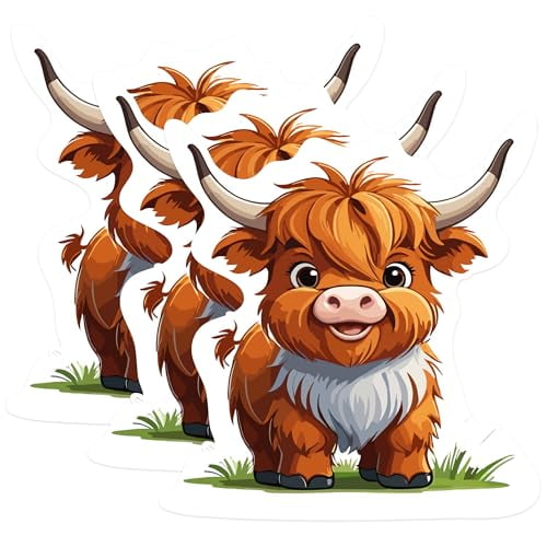 (3 Pack) Highland Cow Decals - Cute Cow Sticker - Cartoon Animal Decals - 3 Inches On Longest Side - Easy Peel & Apply - Made in USA - 3MCS1052