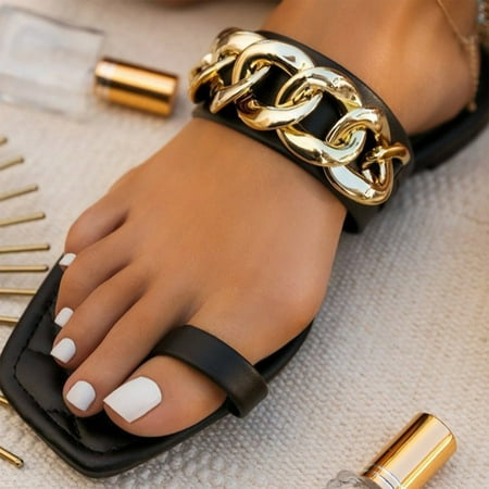 

Women s Casual Vacation Open Toe Decorative Buckle Chain Solid Flat Beach Sandals