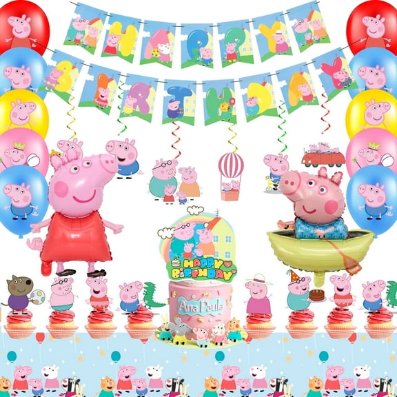 Peppa Pig Party Decorations Set, Peppa Pig Birthday Party Supplies - Peppa Pig Birthday Decorations Banners Tablecloths Spirals & Peppa Pig Balloons Cake Toppers etc Peppa Pig Party Supplies