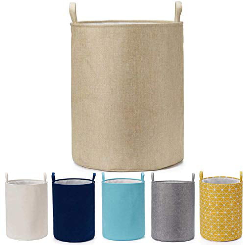 Every Deco Round Cylinder Wire Metal Frame Dual Fabric Laundry Basket Hamper Bin Storage Collapsible Fold-able Organization Toys Clothes 17.7 H/Medium Beige Crosshatch