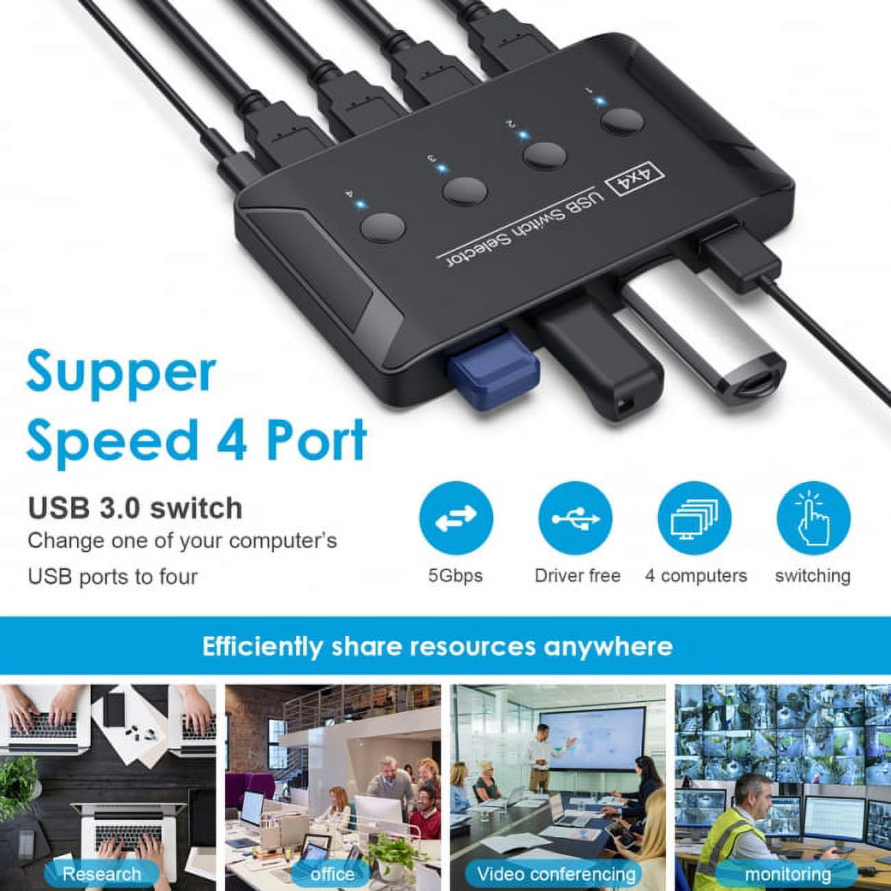 Chenyang CY KVM USB 3.0 Switch Selector 4 Port PCs Sharing 4 Devices for Keyboard Mouse Scanner Printer Convertor