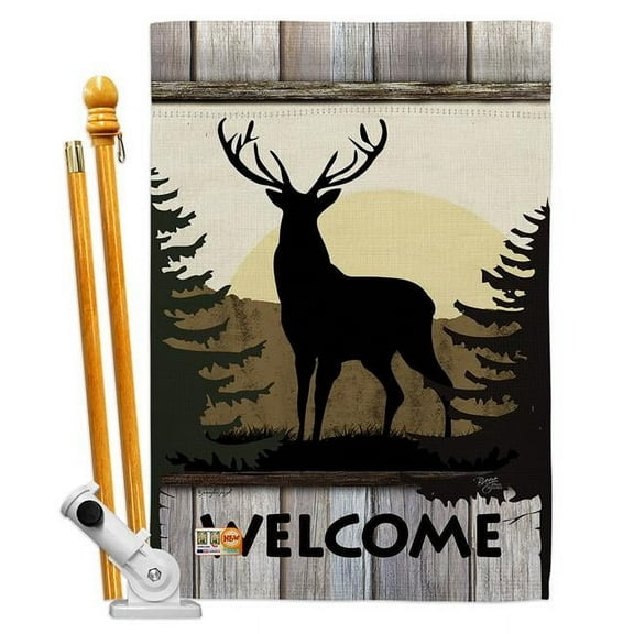 Breeze Decor BD-WL-HS-110110-IP-BO-D-US18-SB 28 x 40 in. Welcome Deer Nature Wildlife Impressions Decorative Vertical Double Sided House Flag Set with Pole Bracket Hardware
