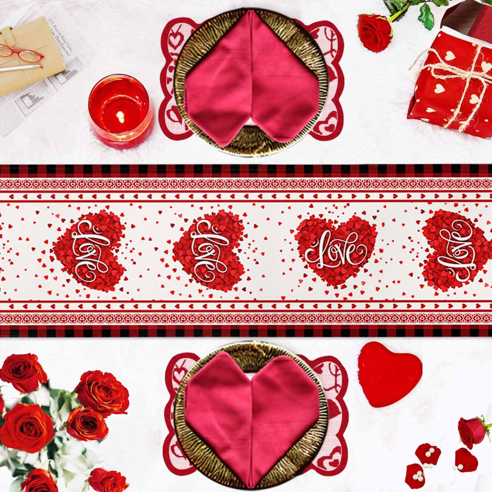 LOVE Heart Table Runner, Valentine's Day Romantic Red Plaid Boundary Washable Cotton-linen Table Runners Dining Kitchen Decoration for Everyday Home Wedding Party Decor, 13 x 90 Inch