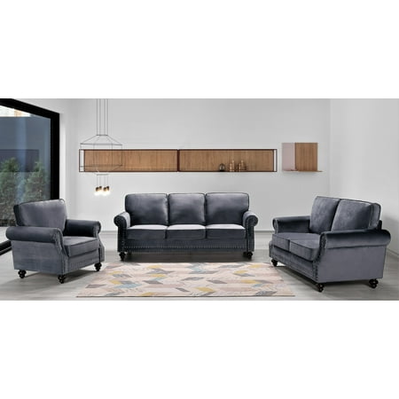 US PRIDE FURNITURE Uspridefurniture Feingold 3Pcs Velvet Living Room Set Gray