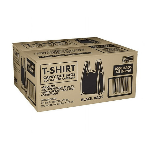 Black T-Shirt Carryout Bags - Thank You/Gracia 11.5" x 6.5" x 22" 1000 ct.