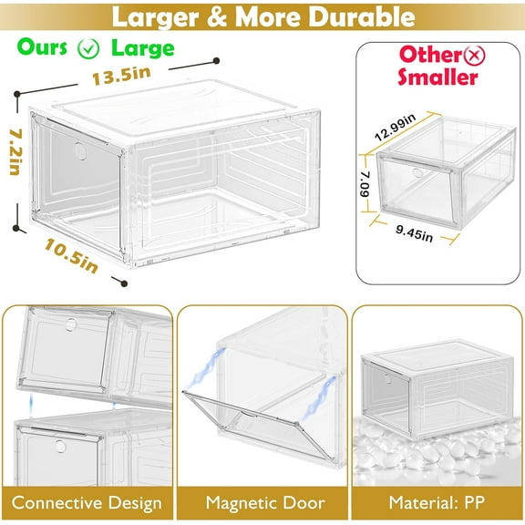 Shoe Storage Organizer with Magnetic Door, Stackable Boxes for Closet, Foldable Space-Saving Shoe , Plastic Shoe Cabinet 6 Pack