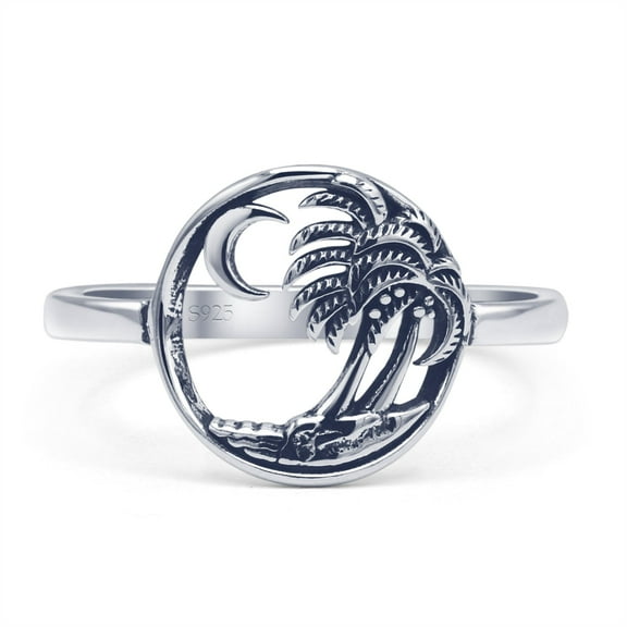 Coconut Trees Beach Oxidized Ring 925 Sterling Silver Size 5
