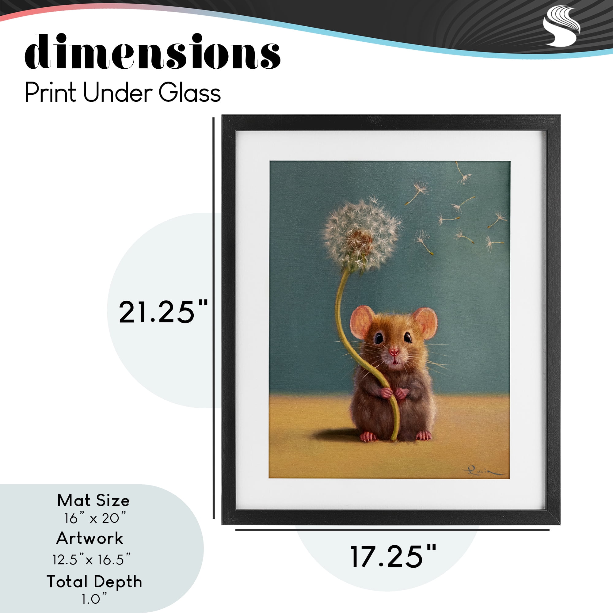 Tiny Wishes Mouse & Dandelion Black Framed Print Under Glass, design by Lucia Heffernan