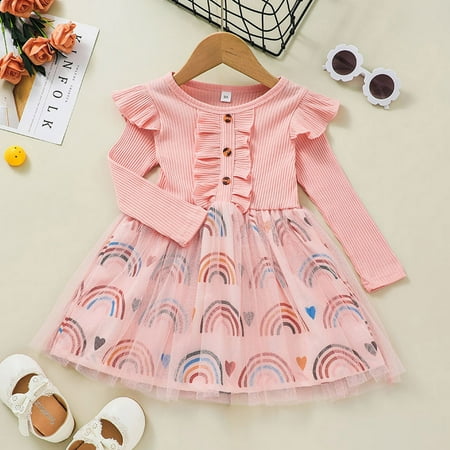 

Toddler Baby Girls Long Sleeve Rainbow Printed Tulle Ruffles Princess Dress Clothes