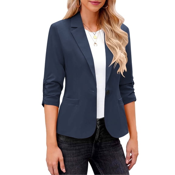 ClodeEU Women's 3/4 Sleeve Open Front Blazer,Casual Rolled Cuff Suit Jacket,Solid Color Workwear Coat Dark Blue,Womens Plus XXL