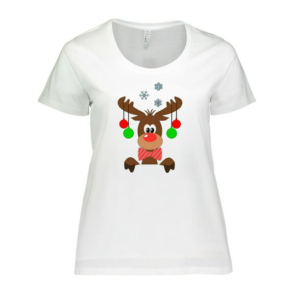 Inktastic Cute Christmas Reindeer with Red Nose, Ornaments and Bow Tie Women's Plus Size T-Shirt