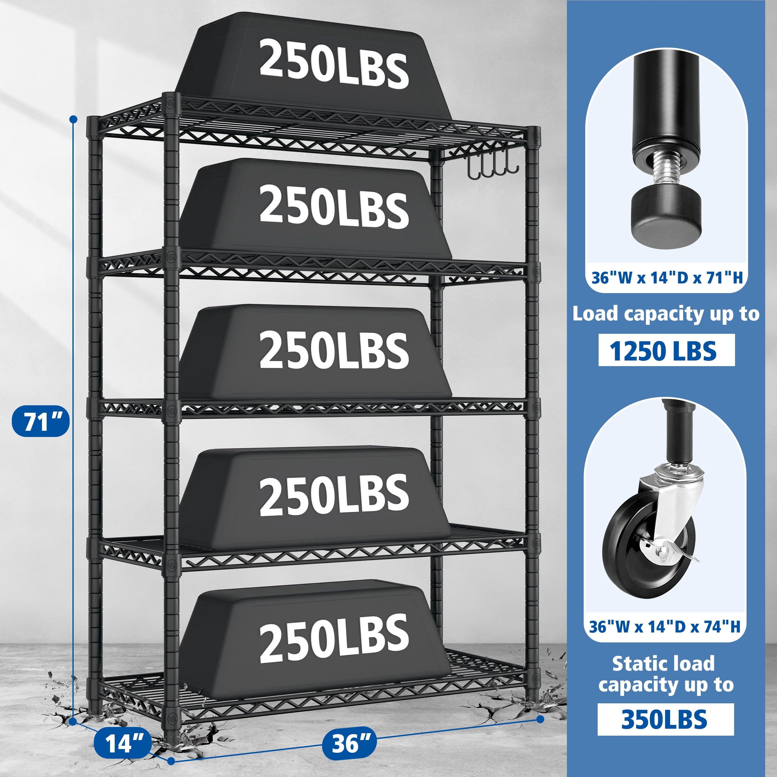 Prilinex 36"W x 14"D x 71"H Storage Shelves, 5-Tier Wire Shelf, Heavy Duty Garage Shelving Unit with Wheels , Wire Rack for Pantry, Kitchen&Closet, Black