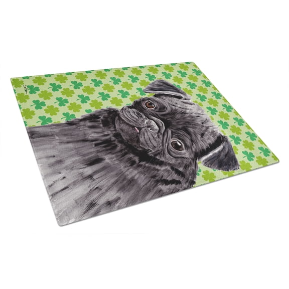 Caroline's Treasures Pug Black St. Patrick's Day Shamrock Portrait Glass Cutting Board Large