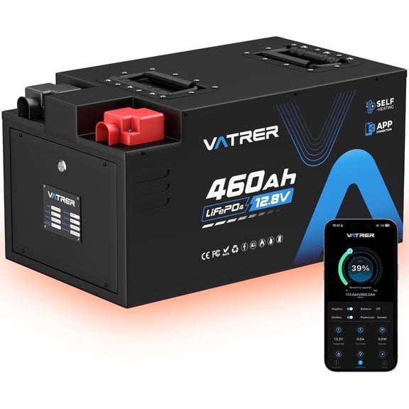 VATRER POWER 12.8V 460Ah Self-Heating LiFePO4 RV Battery, APP Monitoring, Built-in 300A BMS, Max. 3840W Load Power, 5880Wh Usable Energy, 5000  Cycles Lithium Battery, Perfect for RV, Motorhomes