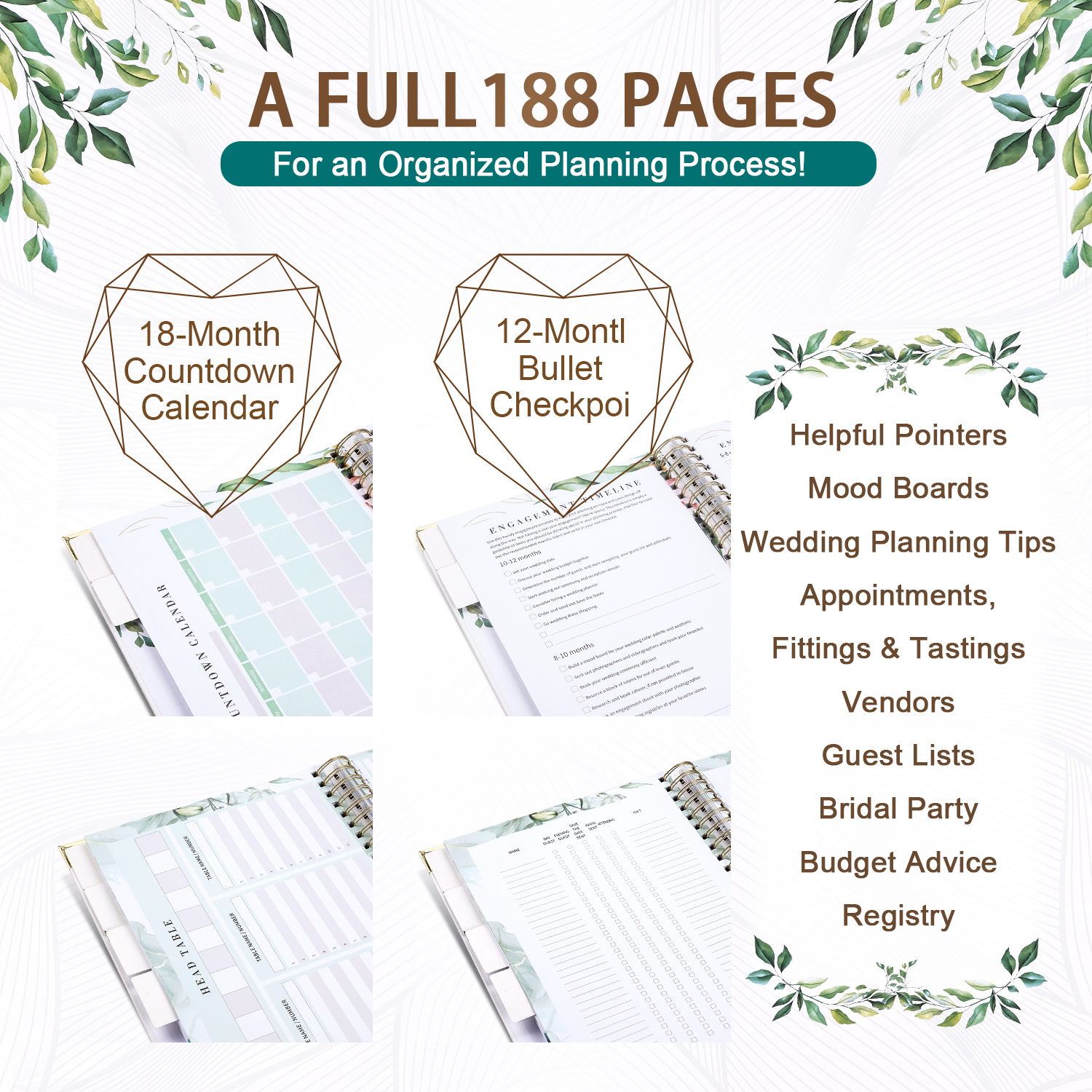 TJT Wedding Planner Book and Organizer, 188 Pages Wedding Planner Book, Bridal Planning Binder with Countdown Calendar, Bride Gifts
