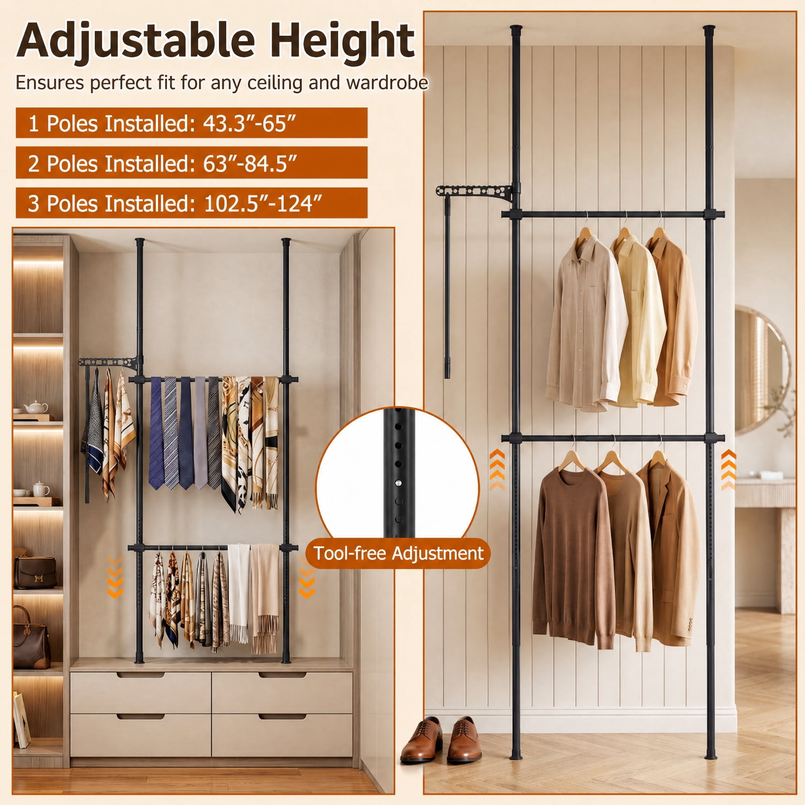 Furnibear Adjustable Floor to Ceiling Clothes Rack with 2 Hanging Rods Telescoping Garment Closet Organizer for Bedroom Entryway, Black