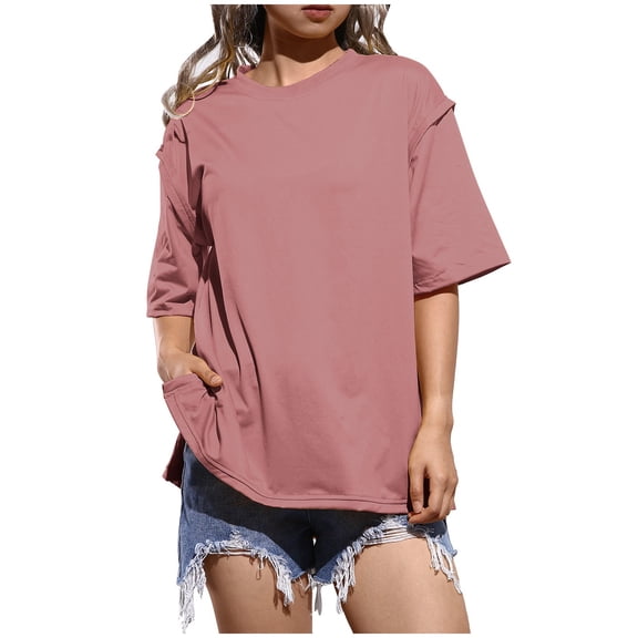 OSOLU Solid Color Women Summer Oversized T-Shirt Tshirts Tee Casual Short Sleeve Loose O-Neck Tops For Everyday Wear Trendy Dailywear
