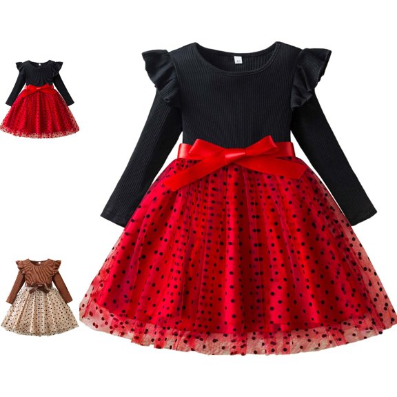 Bmisegm Dresses for Girls Long Sleeve Ruffle Shoulder Dotted Print Bow Tiered Flowy Skirt Casual Kids Dress 6-7 Years