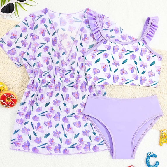 Ruffle Butts Girls Swimsuits Cute Ruffle Bikini Set Adjustable Straps Girls Swimwear Tankini 3pcs Color Block Teen Bathing Suit