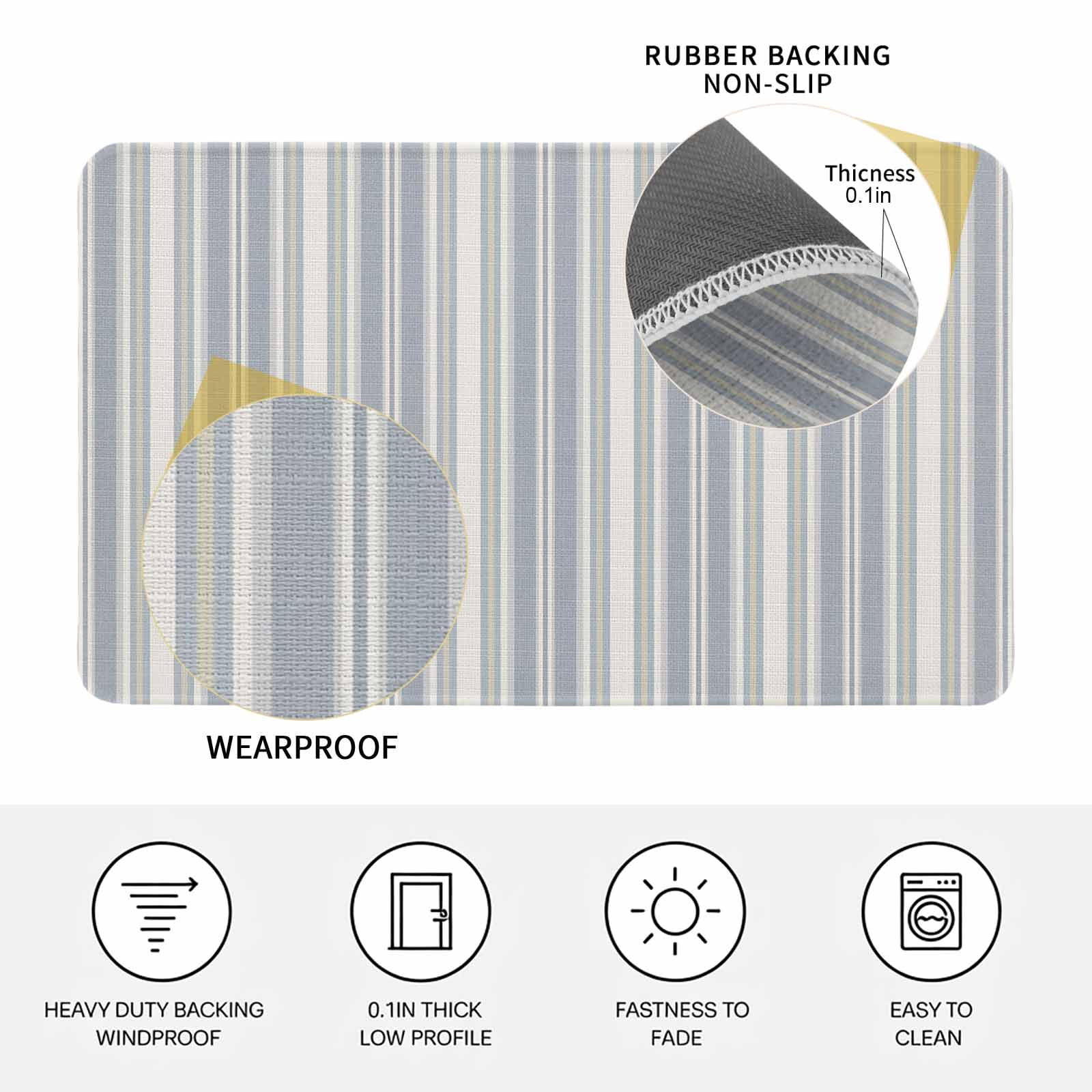 Vintage Stripes Doormat Outdoor Entrance 24"x36", Retro Minimalist Lines Pattern Light Blue Absorb Moisture Dirt Door Mats, Non-Slip Rubber Backing Floor Mats Indoor, Low-Profile Front Door Rugs