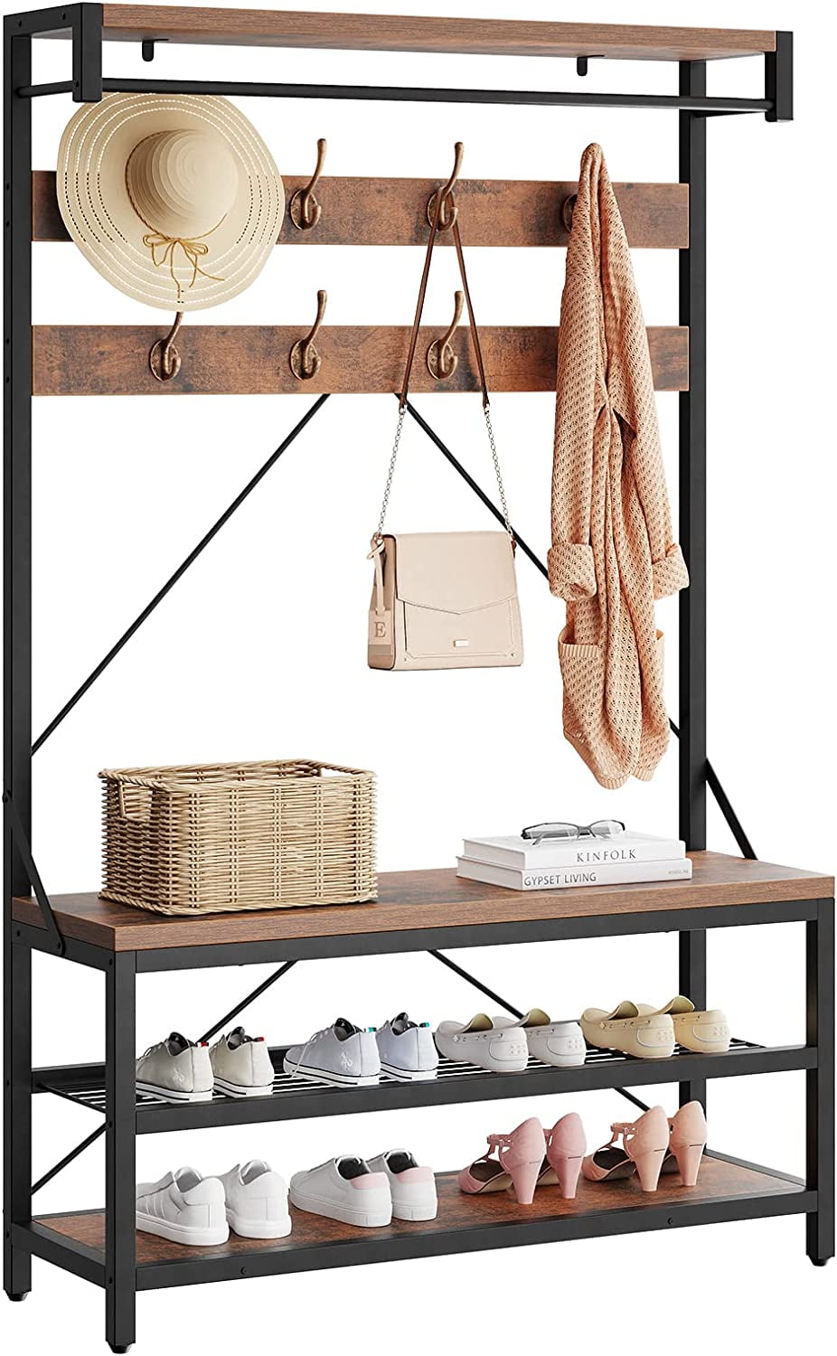 4in1 Hall Tree Shoe Rack for Entryway, 3Tier Storage Shelf and Hooks