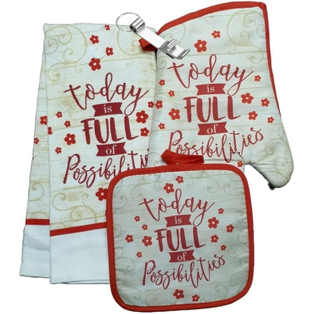 

3Pcs Decorative Kitchen Linen Set Lightweight 1 Oven Mitt 1 Holder 1 Dish Towel Bottle Can Opener (Today Is Full Of Possibilities)