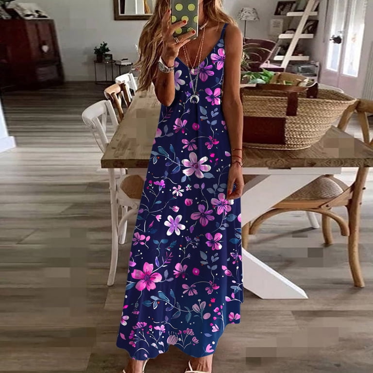 SMihono Women's Summer Spaghetti Strap Dresses Floral Print Loose Fit Maxi  Dress Beach Party Long Dress with Pockets Dark Blue 6 - Walmart.com