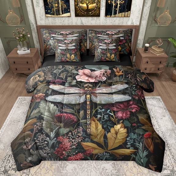 Feelyou Jungle Dragonfly Child Bedding Comforter Set 7 Pieces, Rustic Leaf Plant Full Bedding Set, Bohemian Rustic Theme Reversible Fitted Sheet Flat Sheet, Ultra Soft Bedroom Decor