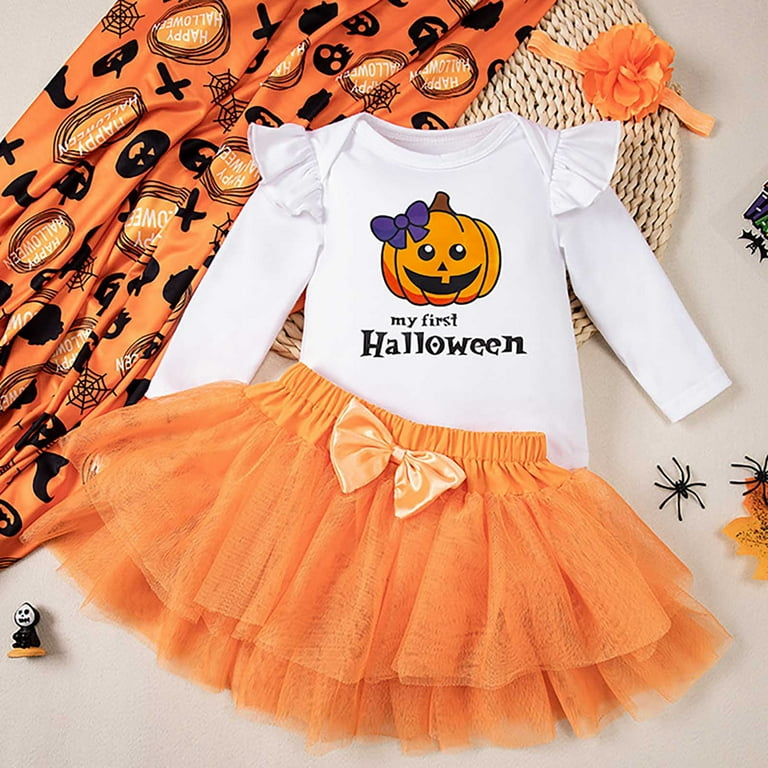 Krdevn Toddler Girls Halloween Outfit Set Pumpkin Print Romper