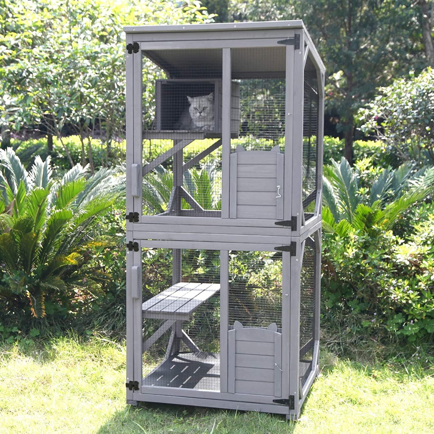 MEDEHOO Mobile Catio on Wheels - Outdoor Cat House Enclosure with Waterproof Roof & Upgraded Resting Box, 70.9" Feral Cat Cage / Bird Cage